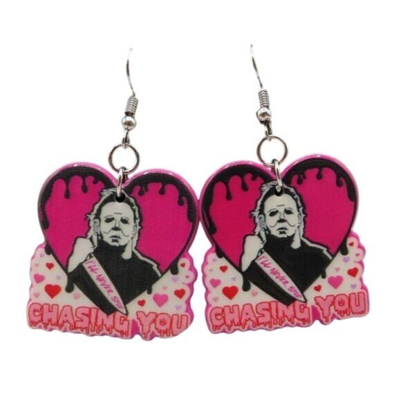 Michael Myers I'll Never Stop Chasing You Bleeding Heart Halloween Earrings NEW - Picture 1 of 8